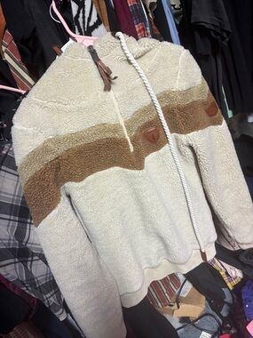wanakome Cream Sherpa Zip Hoodie with Brown Stripe